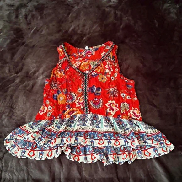 Patrons of Peace Floral Boho Peplum Tiered Tank Top Babydoll Blouse Festival - Picture 2 of 4